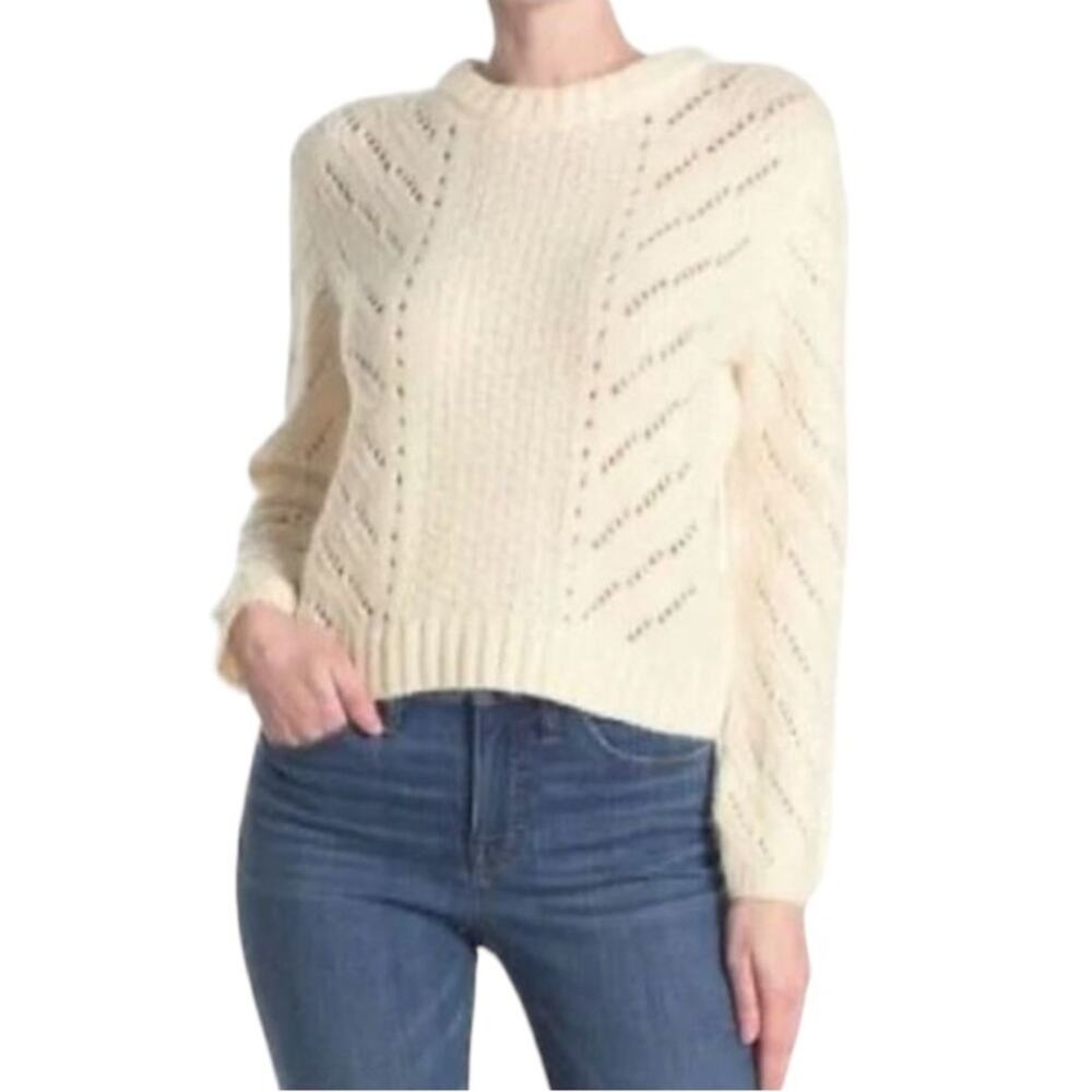 NWOT ELODIE Pointelle Ivory Knit Crew Neck Sweater Size XS Bohemian